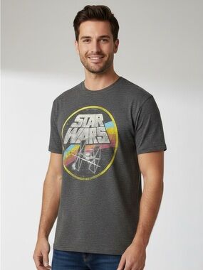 Star Wars Distressed Graphic Tee Gray Retro Style T Shirt Medium
